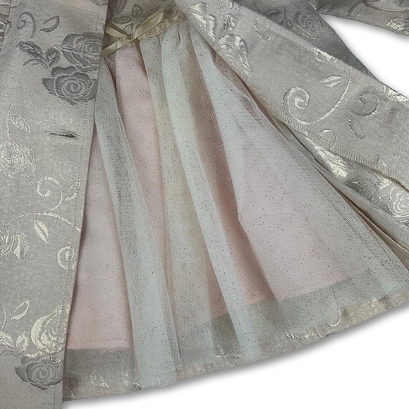 Blueberi Boulevard Toddler Dress & Coat Set – Metallic Floral Jacquard with Faux - Picture 2 of 5